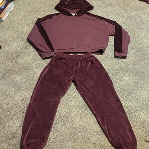 Burgundy Velour Crop Hoodie and Joggers Set